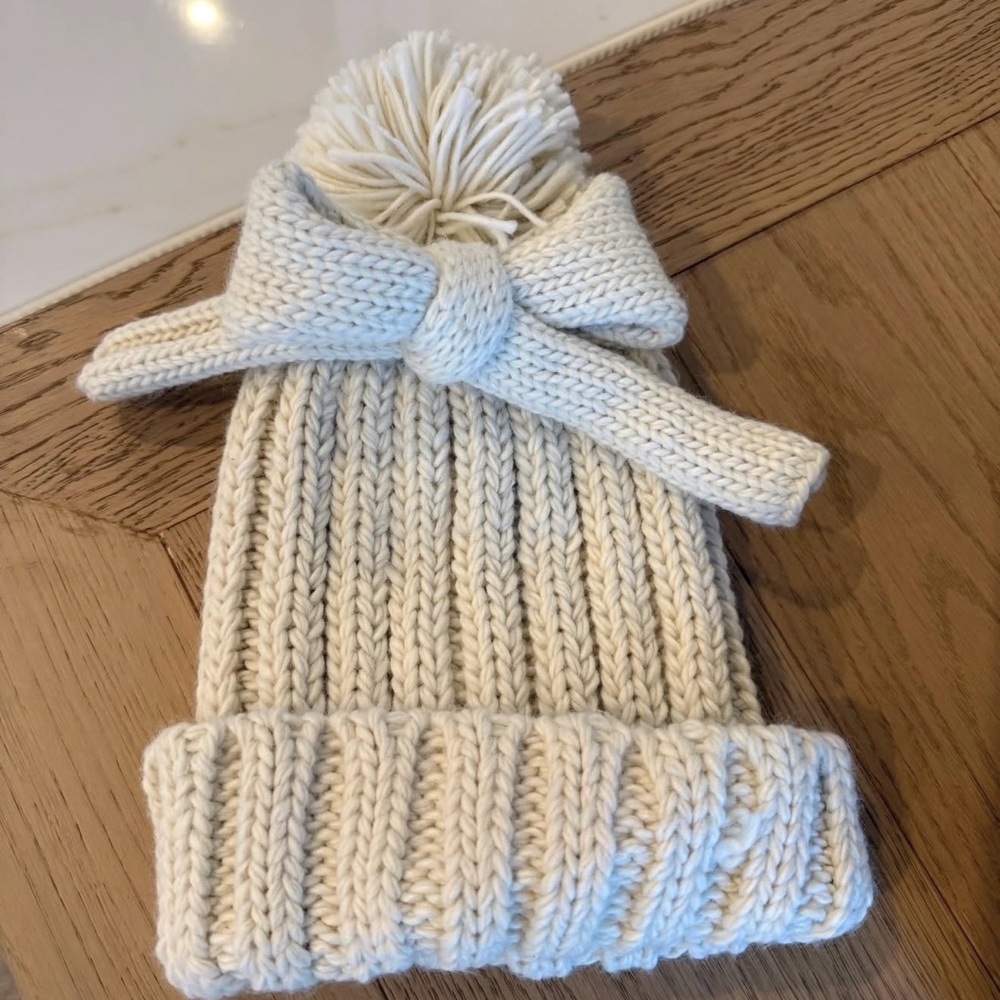 Maeve Cream Knit Pom Pom Hat with Bow Detail